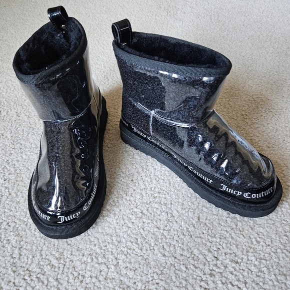 JUICY COUTURE Designer Logo Klash Bootie Boots Black Clear Waterproof Women's 7 - Picture 1 of 11